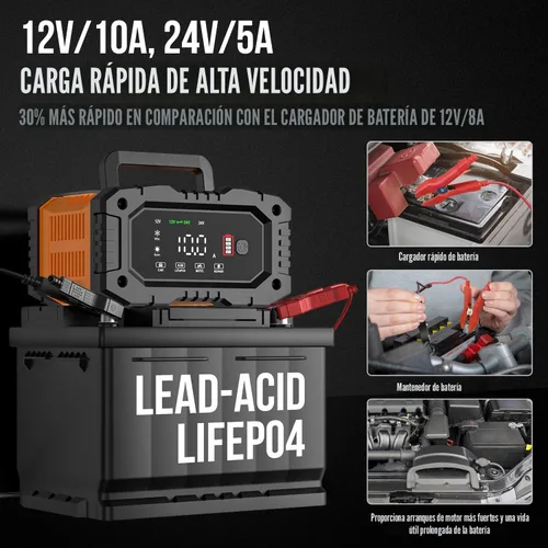 Miniatura 2 de NEXPEAK NC202 Cargador de Batería de 10 Amperios, Cargador de Batería Portátil para Automóvil de 12V 24V LiFePO4 Ácido de Plomo, Cargador por Goteo
