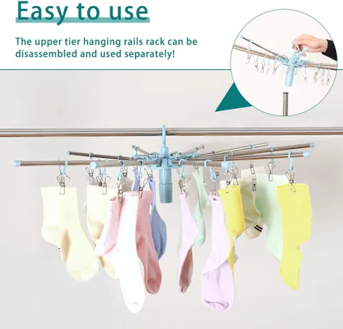 Miniatura 5 de Hershii Estante de secado de ropa plegable de 2 niveles para interiores y exteriores, soporte plegable para colgar ropa, ahorro de espacio