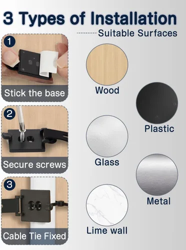 Miniatura 9 de Viaky Kit de organización de cables, paquete de 10 clips adhesivos para cables con 5 correas de silicona ajustables, 10 bridas y 10 tornillos