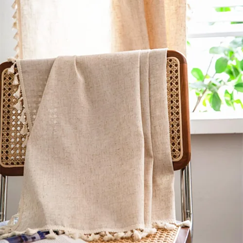 Miniatura 35 de Deeprove Cortinas bohemias para dormitorio, rayas huecas de ganchillo crema y estampado floral, tela de lino de algodón, con borlas beige bohemias