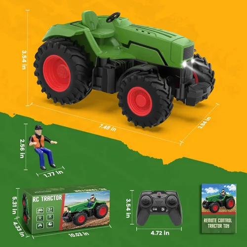 Miniatura 6 de Uarzt Juguetes de tractor a control remoto para niños de 3 a 5 años, juguete de tractor RC con granjero y luz, escala 1:24, tractor de juguete