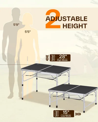 Miniatura 3 de Mesa plegable Sportneer: Accesorios de camping de altura ajustable 90 cm de largo x 60 cm de ancho 2 alturas con capa de malla - Mesa plegable
