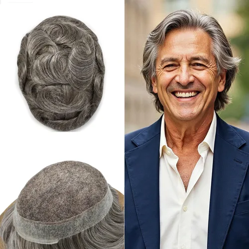 Miniatura 99 de Toupee para hombres Sistema de reemplazo de cabello humano real pieza de cabello humano para hombres encaje suizo para hombre Toupee Hair Pieces