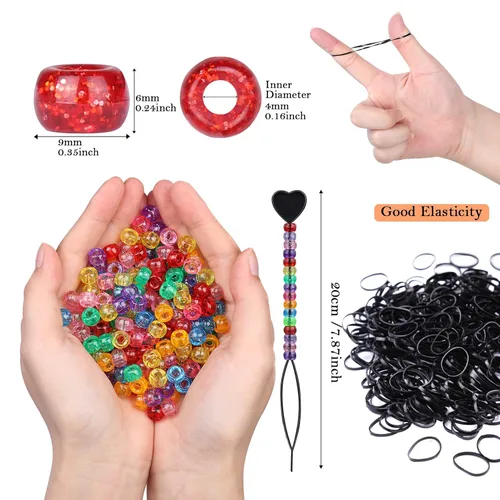 Miniatura 3 de Kit de 1605 trenzas de cabello que incluye 600 cuentas de pony con purpurina de 0.354x0.236 in, 1000 bandas elásticas de goma y 5 cuentas rápidas