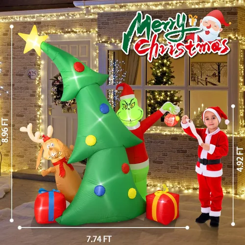 Miniatura 7 de Hioasis Decoración inflable de Navidad para exteriores de 9 pies, árbol con monstruo verde de Navidad, perro y cajas de regalo con luces LED