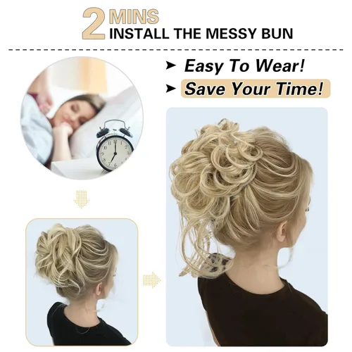 Miniatura 3 de HMD 5 piezas de moño despeinado para mujer, extensión de cabello con banda de goma elástica, extensión de cabello largo y desordenado, accesorios