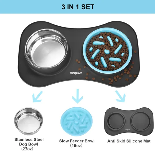 Miniatura 5 de Anipaw Cuencos de alimentación lenta para perros 3 en 1 de acero inoxidable para alimentos y agua con alfombrilla de silicona antideslizante