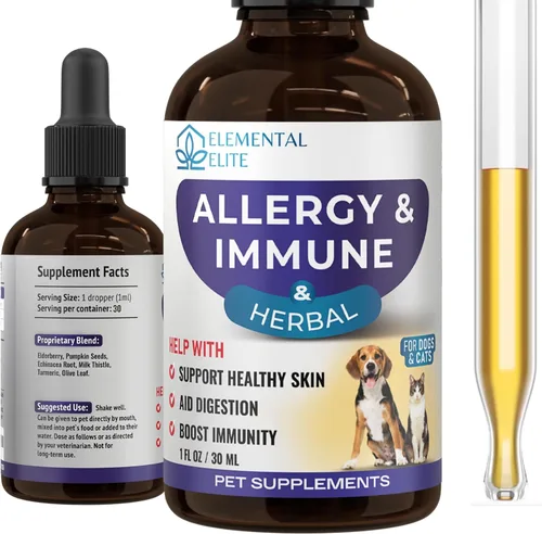 EDUZEBRA Gotas de alivio de alergias para perros y gatos, suplemento natural de apoyo antipicazón, alivia las alergias estacionales, la irritación