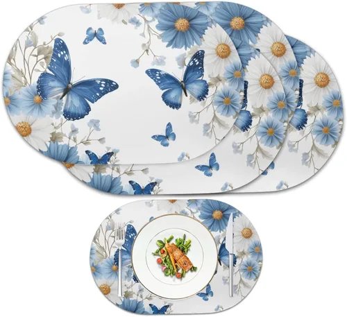 Miniatura 26 de Blue Flower Dining Table Mats Set of 2 Hummingbird Heat Resistant Placemats Washable and Wipeable Non Slip Place Mat, Waterproof Modern Dining Table