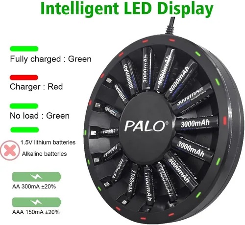 Miniatura 5 de Batería AA recargable con kit de cargador, paquete de 16 baterías de 1.2 V Ni-MH 3000 mAh con cargador inteligente LED de 16 bahías para batería