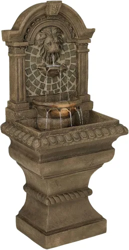Miniatura 5 de Royal Lions Head - Fuente de suelo italiana grande de 51 pulgadas de alto para decoración al aire libre de piedra sintética con estatua de luz