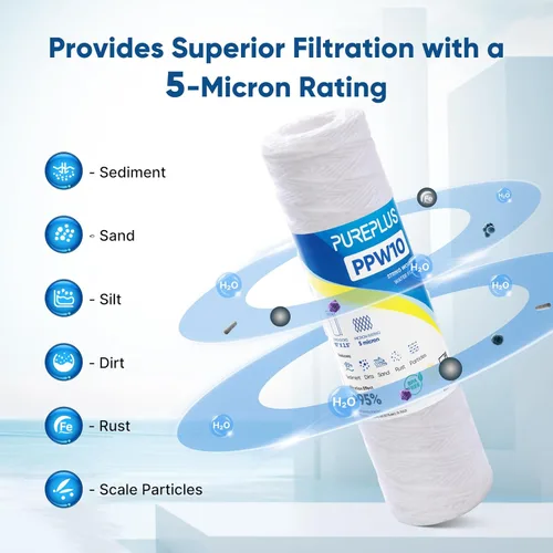 Miniatura 6 de PUREPLUS Filtro de sedimentos para heridas de cuerda para toda la casa de 5 micrones de 10 x 2.5 pulgadas para agua de pozo, cartucho de repuesto