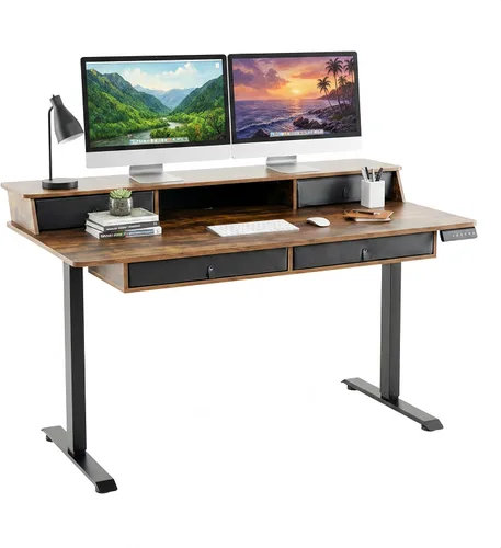 Miniatura 10 de Tangkula 55-Inch Electric Standing Desk with 4 Storage Drawers & Monitor Stand, Height Adjustable Stand Up Desk with 3 Memory Heights & Hook