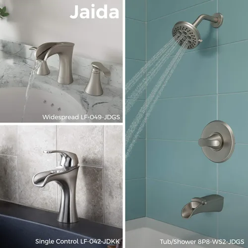 Miniatura 7 de Pfister Jaida LF049JDGS - Grifo de lavabo de baño, 8 pulgadas de ancho, 2 asas, 3 agujeros, acabado de níquel cepillado de defensa contra manchas