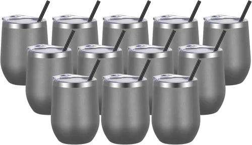 Miniatura 19 de VEGOND - Vaso de vino de acero inoxidable de 12 onzas con tapa y popote, vaso de vidrio de vino aislado de doble pared sin tallo, taza de café