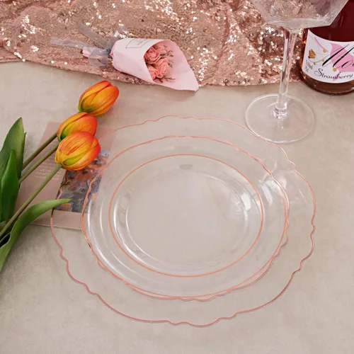 Miniatura 4 de Liacere 150 platos de plástico color oro rosa, platos desechables de oro rosa transparente con mango de bambú con purpurina, 60 platos barrocos