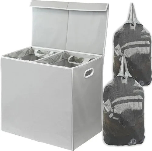 Simple Houseware - Cesta doble para la ropa sucia, con tapa y bolsas extraíbles, color gris