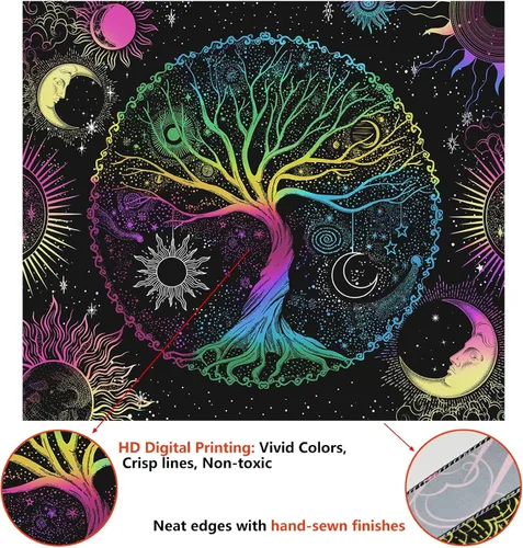 Miniatura 5 de AACKart Tapiz de luz negra para dormitorio - Tapiz espiritual del árbol de la vida que brilla en la oscuridad para colgar en la pared 59.1 x 51.2