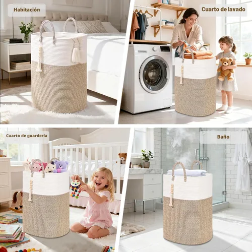 Miniatura 6 de Cesta Tejida de 65L para Ropa, Grandes Cestas de Lavandería Rectangulares con Cuentas y Borlas, Cesta de Almacenamiento para Guardería para Marrón