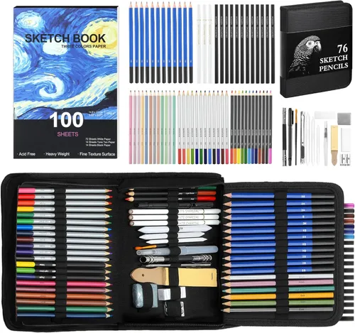 COOL BANK Juego de 76 piezas de suministros de arte para dibujar con 100 hojas de cuaderno de bocetos de 3 colores, incluye lápices de dibujo de
