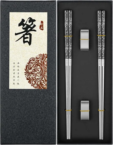 Miniatura 6 de FOFAYU Palillos de metal reutilizables, 2 pares de palillos de acero inoxidable chapados en titanio con soporte, aptos para lavavajillas