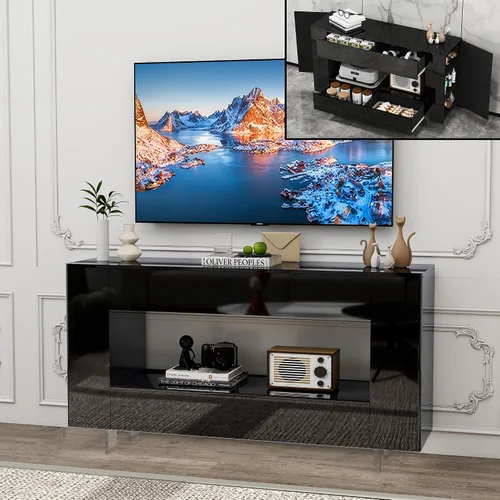 Mueble de TV de alto brillo con 2 cajones grandes y puertas abiertas, moderno mueble de almacenamiento para consola de TV para sala de estar, Negro