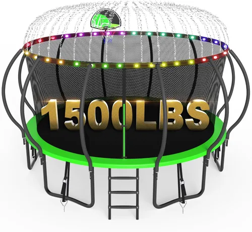 SKYUP 2026 Upgraded 8 10 12 14 15 16 FT 1500lbs Tranpoline for Kids and Adults with Light+Sprinkler+Socks, Recreational Tranpoline with Basketball
