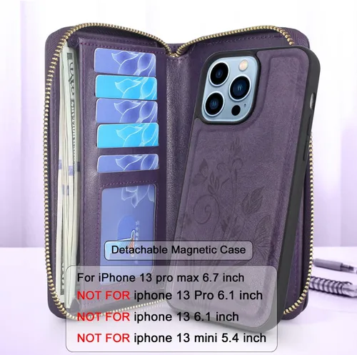 Miniatura 2 de Compatible con iPhone 13 Pro Max de 6.7 pulgadas 2021, cadena cruzada con doble cremallera, desmontable, magnética, de piel, para muñeca, 13 ranuras