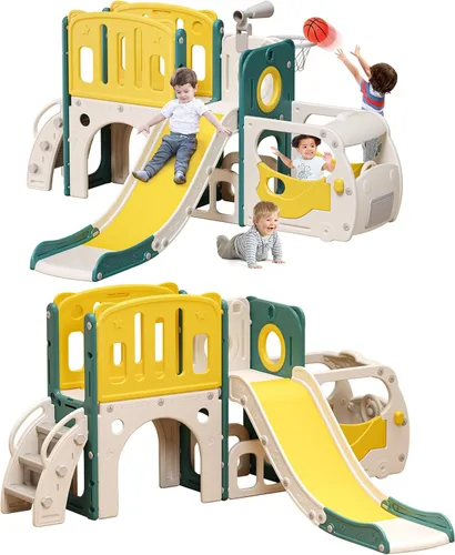 Set de juego con tobogán para niños pequeños con tema de autobús, tobogán y escalera para niños pequeños con aro de baloncesto, patio de juegos para