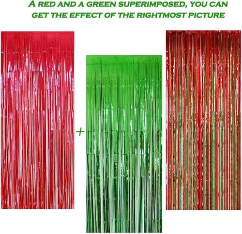 Miniatura 4 de Paquete de 6 cortinas de flecos de aluminio, decoración de fiesta de Navidad, cortinas brillantes metálicas rojas y verdes, 3.28 x 8.2 pies