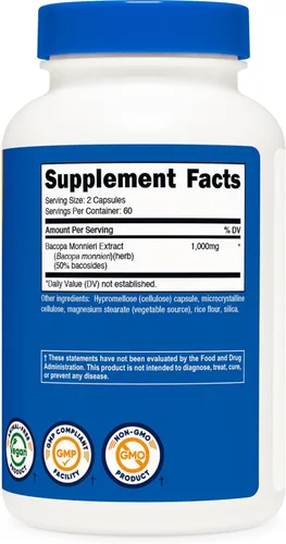 Miniatura 5 de Nutricost Bacopa Monnieri 1,000 mg, 120 Cápsulas (60 Porciones) - Sin OGM, Sin Gluten y Apto para Vegetarianos