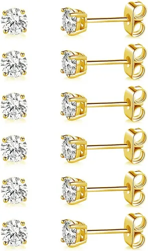 Miniatura 26 de Aretes de tuerca chapados en oro blanco de 18 quilates de 3 a 0.315 in con circonita cúbica redonda, paquete de 6 pares