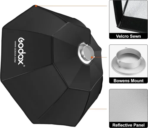 Miniatura 7 de Godox Reflector de softbox octágono FW de 47 pulgadas/120cm con rejilla de panal y bolsa para flash de luz rápida (montaje Bowens)