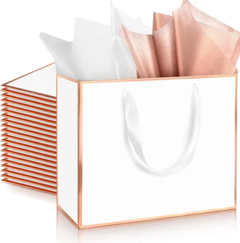 Miniatura 33 de ReliThick Paquete de 12 bolsas de regalo de papel metálico con asas y papel de seda de 11.8 x 10 x 4 pulgadas, bolsa de agradecimiento para Azul