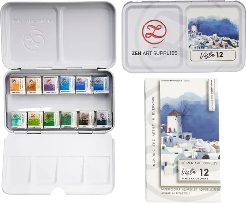 ZenART Supplies Juego de pintura de acuarela profesional Vista – No tóxico 12 medias bandejas en lata de metal paleta portátil de viaje vibrante 07.