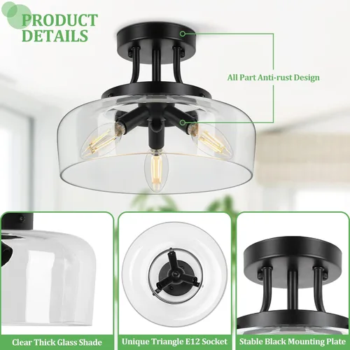 Miniatura 5 de Lámpara de techo industrial moderna semiempotrada con pantalla de vidrio transparente, lámpara de techo negra de 3 bombillas para cocina