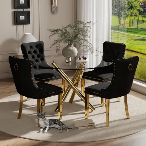 Miniatura 29 de Juego pequeño de mesa redonda con tapa de vidrio transparente para 2, 36'' Juego moderno de lujo para cenas circulares, 3 piezas Juego minimalista