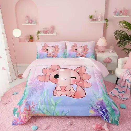 Miniatura 53 de QOOMO Juego de edredón de 3 piezas con diseño de mariposa de dibujos animados, tamaño individual, bonito juego de ropa de cama con lazo