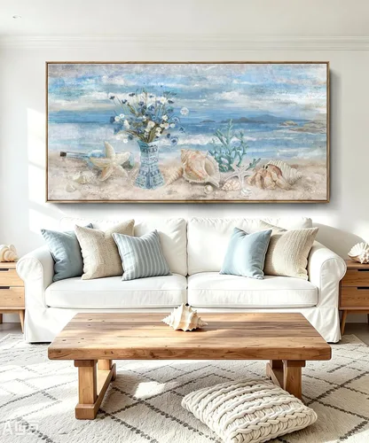 Miniatura 22 de Arte de pared para decoración de baño, imagen de playa azul, tema oceánico, impresión en lienzo de flores, pintura moderna de paisaje marino