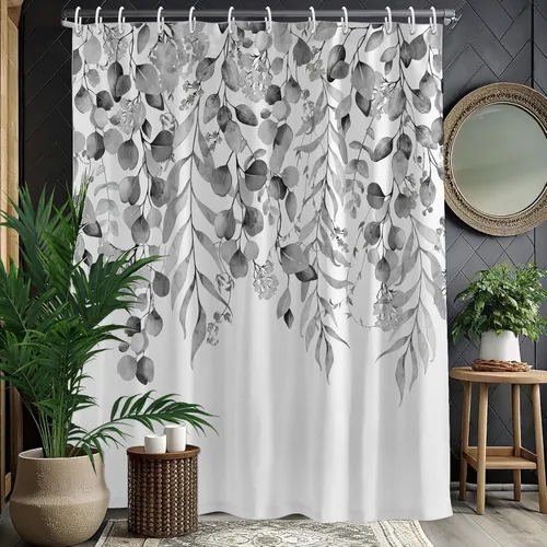KAIRA Cortina de ducha de eucalipto negro con diseño clásico y moderno, hojas de plantas de acuarela con diseño floral, decoración de baño, 72 x 72
