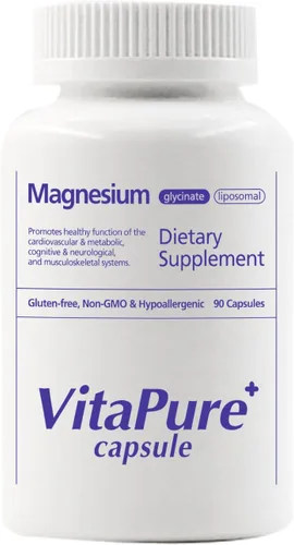 Vitapure+ Cápsulas de magnesio (glicinato, liposomal) - Suplemento para apoyar el alivio del estrés, el sueño, la salud cardíaca, los nervios, los