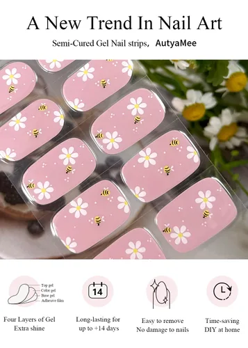 Miniatura 4 de AutyaMee Tiras de uñas de gel semicuradas (abeja y flor), 20 unidades de envolturas de uñas de gel, calcomanías, rosa nude, calidad de salón