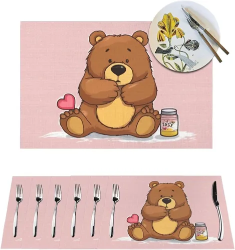 6 PCS PVC Placemats Set Place Mats Bear Holding Bottle of Honey Non-Slip Weave Place Mats 12" x 18" Farmhouse Table Mat Set for Family Dinners