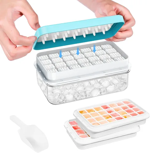 Miniatura 20 de Bandeja para cubitos de hielo con tapa y contenedor, 28 moldes para cubitos de hielo, bandejas de hielo para congelador, molde de bandeja