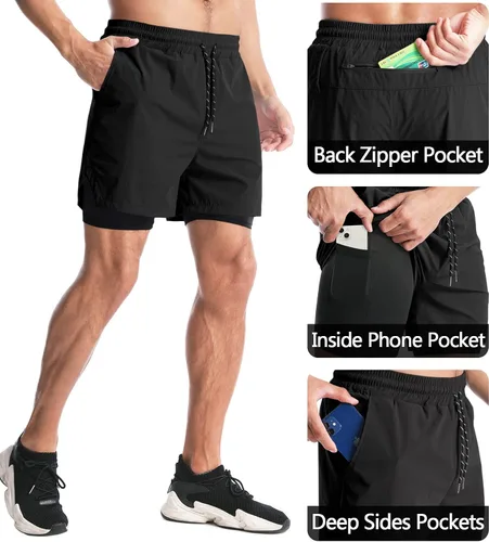 Miniatura 2 de Aolesy Pantalones cortos de correr 2 en 1 para hombre, pantalones cortos deportivos de entrenamiento para hombre, de secado rápido, ligeros