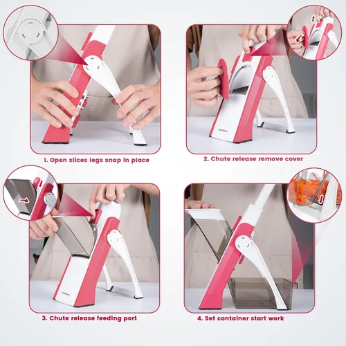 Miniatura 5 de SupMaKin rebanador de mandolina seguro para cocina, cortador de verduras, papas fritas, rebanador de grosor ajustable manual, artefacto de corte Rojo