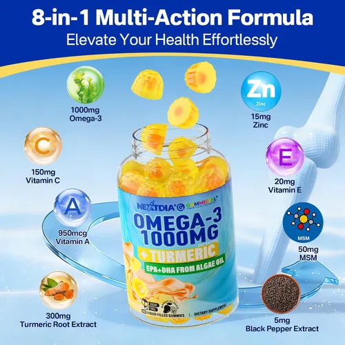 Miniatura 7 de Gomitas veganas Omega-3 de 1000 mg + cúrcuma, alternativa al aceite de pescado Omega 3 para adultos, algas DHA de 600 mg y EPA 300 mg, vitaminas A