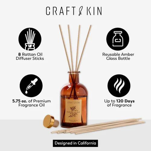 Miniatura 4 de Craft & Kin Difusor de caña con aroma a lirio y jazmín Aceite esencial totalmente natural & 8 varillas de fragancia de ratán Difusores de caña