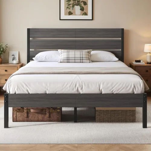 Miniatura 13 de Fluest Base de cama Queen con cabecero y estribo, con almacenamiento debajo de la cama, sistema de soporte totalmente metálico, no necesita somier