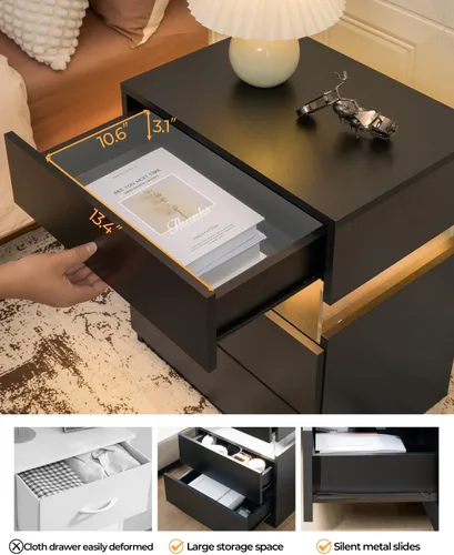 Miniatura 6 de Bingoday Juego de 2 mesitas de noche LED para dormitorio, juego de 2 mesitas de noche modernas con 3 cajones, mesa auxiliar para dormitorio